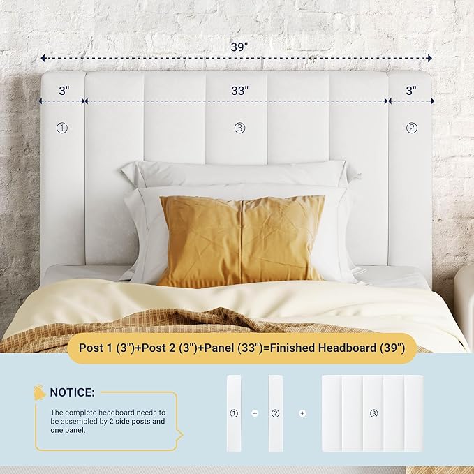 Allewie Twin Bed Frame/Velvet Upholstered Bed Frame with Vertical Channel Tufted Headboard/Strong Wooden Slats/Platform Bed Frame/Mattress Foundation/Box Spring Optional/Easy Assembly/White