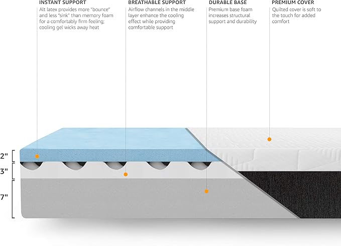 Amazon Basics Gel Memory Foam Mattress, Firm, Cooling, King Size Mattress, CertiPUR-US® Certified Foam, 80 x 76 x 12 inches, White/Dark Gray