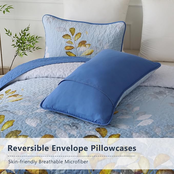 WONGS BEDDING 3 Pieces Quilt Set Queen Size, Blue-Gold Floral Bedspread Coverlet Set, Soft Microfiber Lightweight Floral Bedding Set King 104"×90"