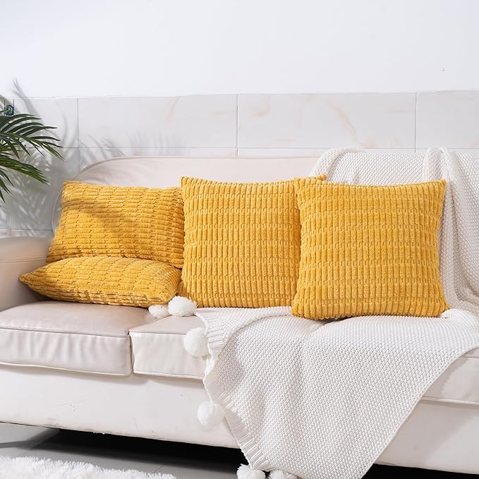 Mustard Yellow Corduroy Decorative Throw Pillow Covers 20x20 Inch Set of 2 Soft Striped Boho Couch Pillow Covers Spring Modern Farmhouse Home Decor for Sofa Neutral Living Room Bed