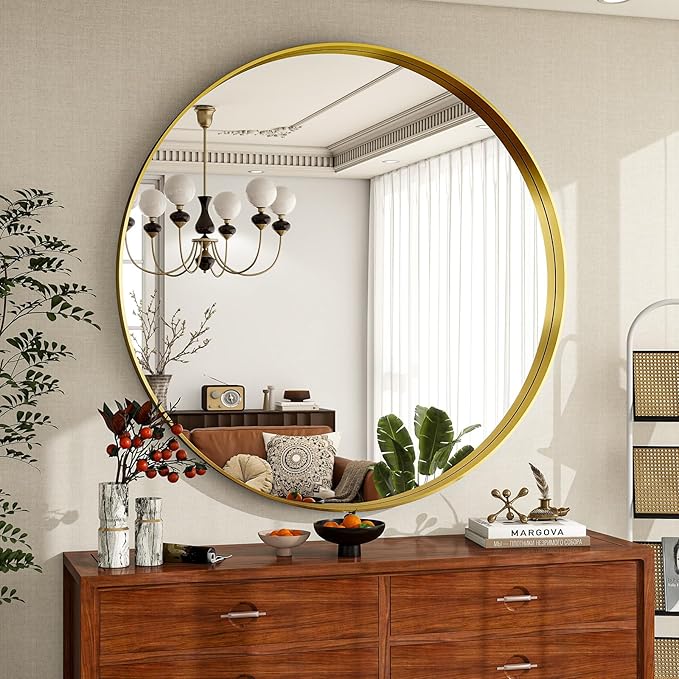 36 inch Round Bathroom Mirror, Gold Metal Deep Frame Wall Mounted Circle Mirror for Wall Decor, Living Room, Vanity, Entryway, Hanging or Leaning