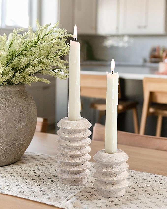 HofferRuffer Travertine Candlestick Holders, Set of 2 Natural Stone Candle Holder Decorative Candle Stands for Wedding, Dinning, Party, Table Centerpieces, Fits 3/4'' Thick Candles (Cream White)