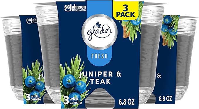Glade Juniper & Teak Fresh Collection Candle - Fragrance Infused with Essential Oils, Air Freshener, 3-Wick, 6.8 Oz, 3 Count