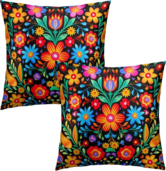 Mexican Flowers Throw Pillow Covers - Mexico Pillow Covers 16x16 Set of 2 Colorful Floral Pillowcase Botanical Blossom Cushion Case for Sofa Couch Outdoor Porch