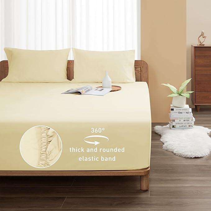 Sunflower California King Fitted Sheet, 1-Piece Deep Pocket Fitted Bottom Sheet 16", 100% Cotton Sateen Soft Breathable, Butter Cream