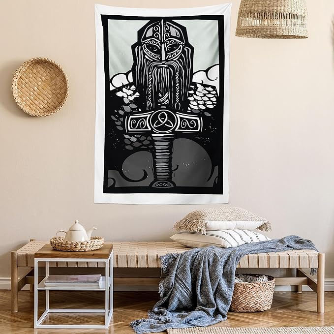 Lunarable Viking Tapestry, Thor Son of Odin Monochrome Design Guardian of Asgard Scandinavian Culture, Fabric Wall Hanging Decor for Bedroom Living Room Dorm, 23" X 28", Black White