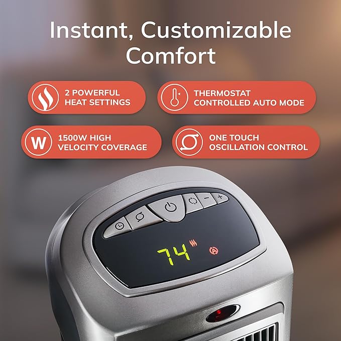 Lasko Oscillating Digital Ceramic Tower Heater for Home with Adjustable Thermostat, Timer and Remote Control, 23 Inches, 1500W, Silver, 755320