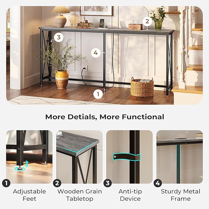 SUPERJARE 70 Inch Console Table with Outlets and USB-C Port, Extra Long Behind Couch Sofa Table with X-Shaped Design, Narrow for Entryway, Living Room, Metal Frame, Wooden Top, Grey