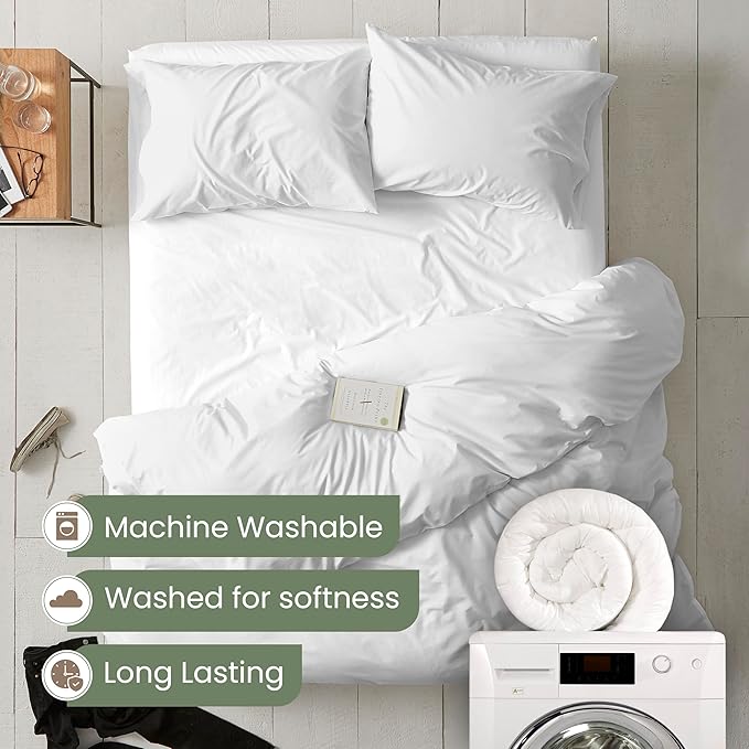 EcoPure Martex Comfort Wash 3-Piece Solid Full/Queen Comforter Set – 100% Organic Cotton - All-Season - Breathable & Lightweight – Easy Care - White