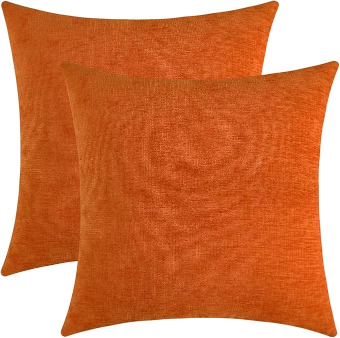Bright Orange Chenille Decorative Couch Throw Pillow Covers, Soft Cushion Cases for Home Livingroom Sofa Décor, Pack of 2, 14 x 14 Inches