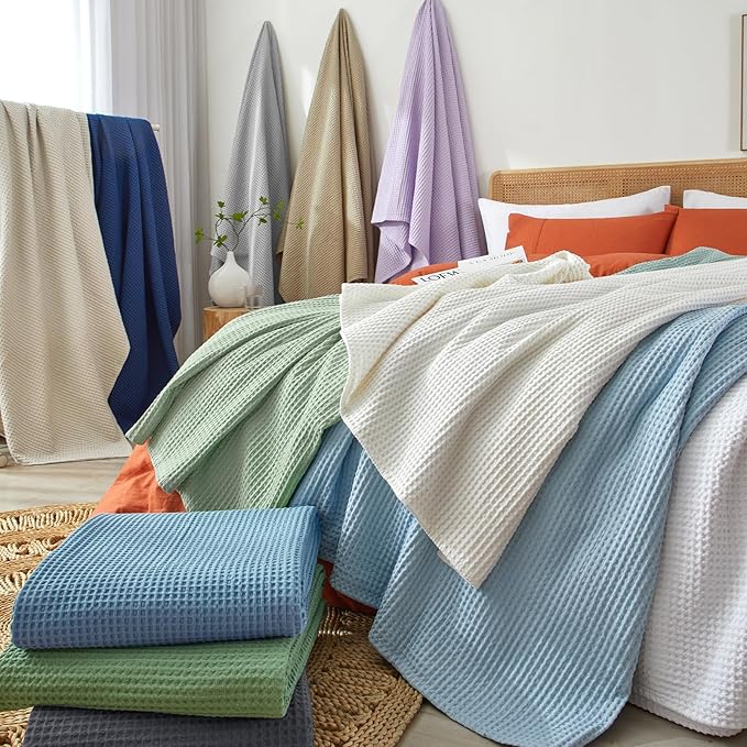 PHF Pre-Washed Cotton Waffle Weave Family Blanket,Oversized King Size 120"x 120"-Snag Proof Lightweight Breathable, 10'x 10' Huge Extra Large Big-Elegant Aesthetic Home Decoration Gift, Light Grey