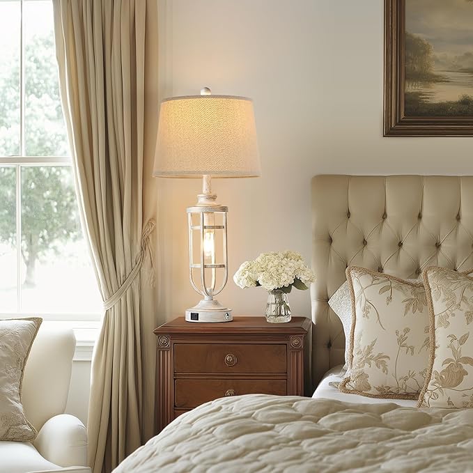 28" Table Lamps for Living Room Set of 2, Farmhouse Touch Lamps for Nightstand with USB A+C, Vintage Bedside Lamps for Bedroom End Tables, Bulbs Included