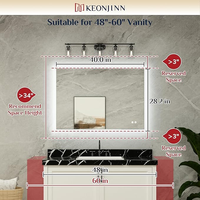 Keonjinn Bathroom Mirror with Lights 40 x 28 Inch, LED Mirror with Backlit, Anti Fog Lighted Mirror with Stepless Dimmable, UL Listed LED Driver, Waterproof, CRI90+, HD Tempered Glass