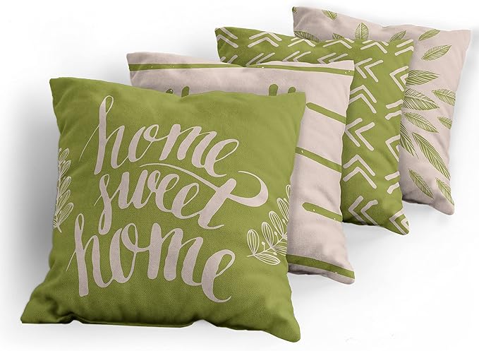 Ambesonne Modern Throw Pillow Cushion Case Pack of 4, Scandinavian Minimal Ornaments Boho Feather Leaves and Home Phrase, Modern Accent Double-Sided Digital Printing, 18", Pale Tan and Pistachio Green