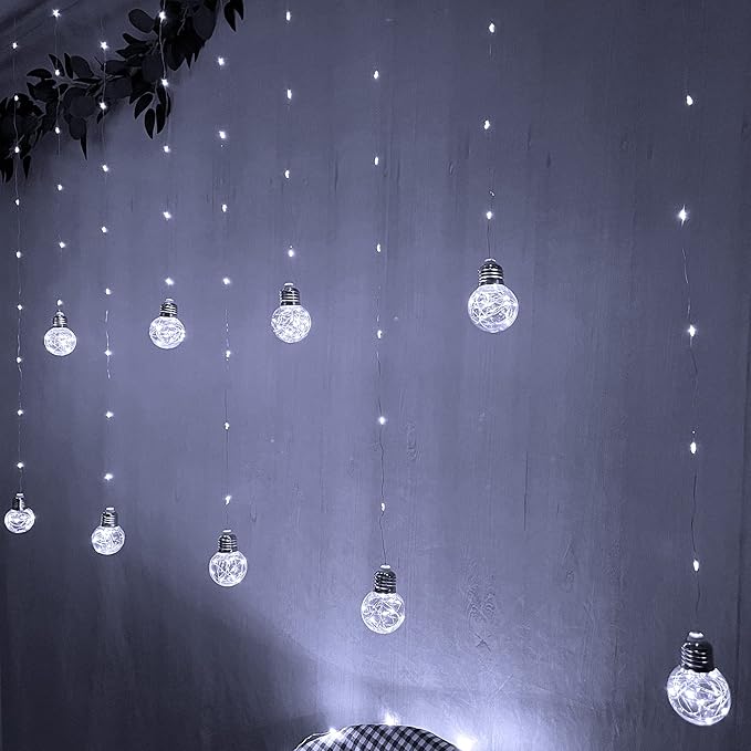 YOLIGHT Wishing Ball Curtain Lights 200 LED Window Curtain String Lights with Remote, USB Battery Powered Twinkle Globe Fairy Lights for Wedding Party Bedroom Halloween Christmas Decoration (White)