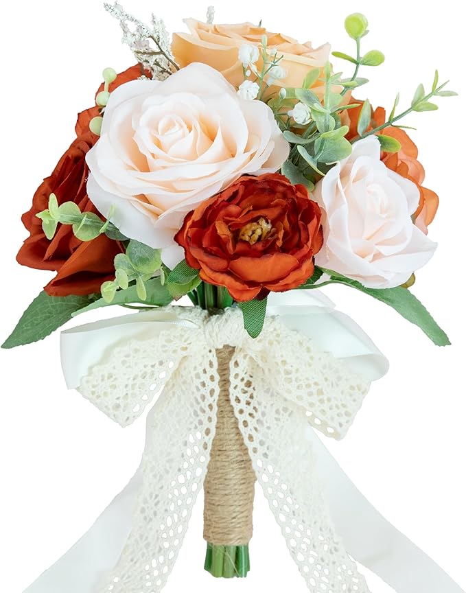 Wedding Bouquets for Bride Bridesmaid, Artificial Burnt Orange Bride Flower Bouquet for Wedding Church Decoration Ceremony, Anniversary, etc, Roses Flowers