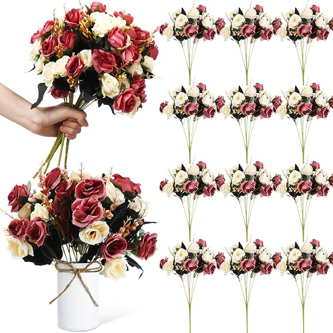 Hotop 12 Bunches of Artificial Flowers Centerpiece 13 Inches Silk Faux Roses Bouquets for Table Decoration Realistic Bouquet Arrangement Boho Faux Flowers for Wedding (Coffee)