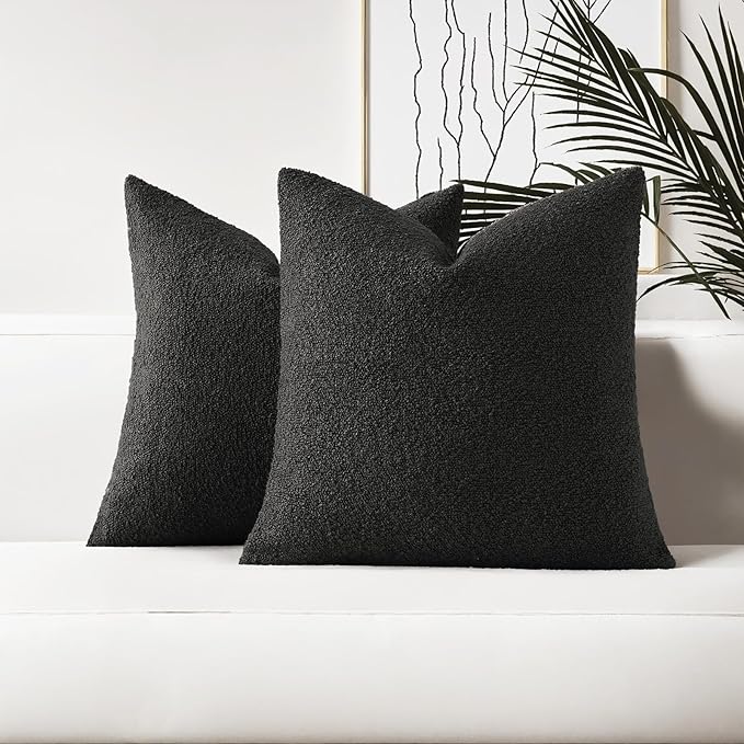 HAUSSY Set of 2 26x26 Decorative Throw Pillow Covers, Soft Cozy Euro Pillow Shams Textured Boucle, Home Decor for Couch Bed Living Room, Black