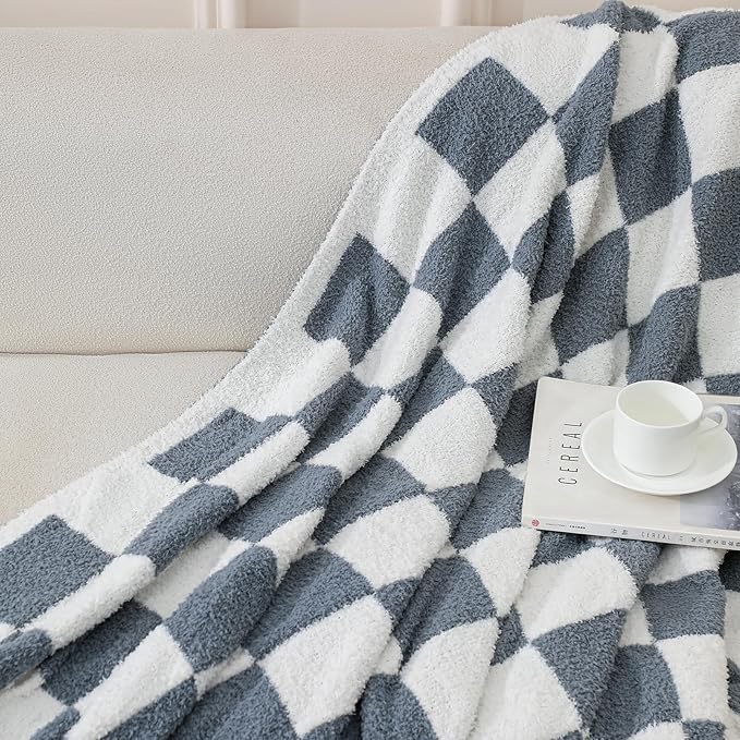 bearberry Fuzzy Checkerboard Grid Throw Blanket Knitted Soft Cozy Warm Microfiber Blanket Decor for Couch Sofa Bed Home Travel (Charcoal Grey, 40''x50'')