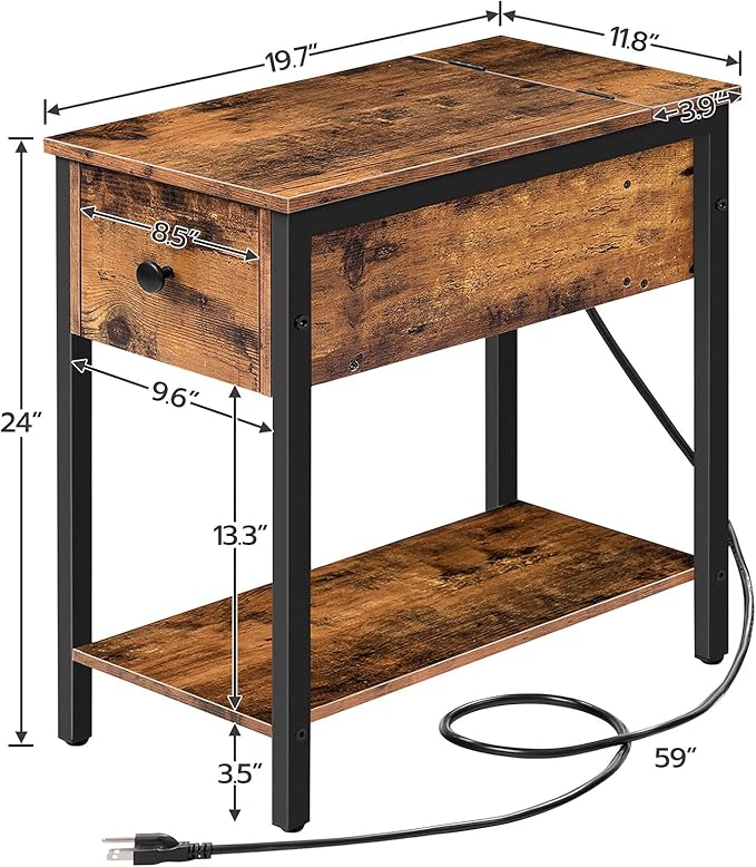 HOOBRO End Table with Charging Station, Narrow Side Table, Small Nightstand, Bedside Tables with Drawer and Storage Shelves, for Small Spaces, Living Room, Bedroom, Rustic Brown and Black BF041BZ01G1