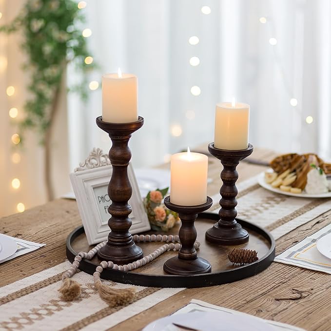 Romadedi Wood Candle Holders for Pillar - Set of 3 Tall Rustic Vintage Wooden Candlestick Holder, Farmhouse Candle Stand for Fireplace Mantle Shelf Table Home Decor, Dark Brown, 6"/ 8.3"/11.8"