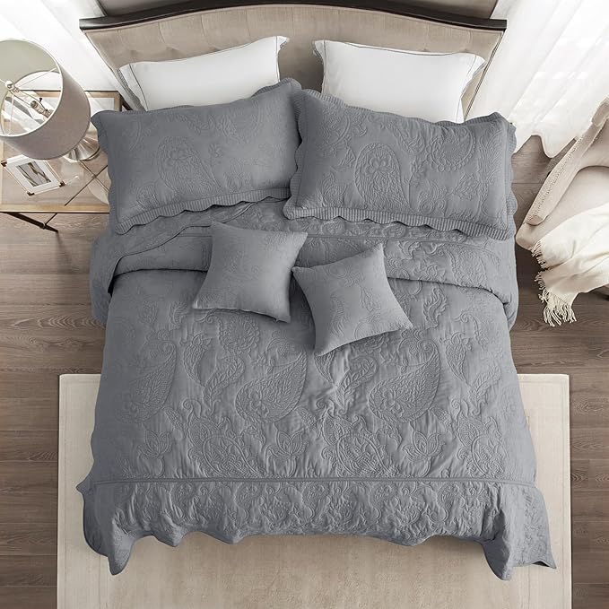 HZ & HY Oversized King Bedspread 128x120 Extra Wide, Quilted Coverlet Bedding Set, Lightweight Thin Comforter, Reversible, Luxurious, 5 Piece, 100% Microfiber, Grey