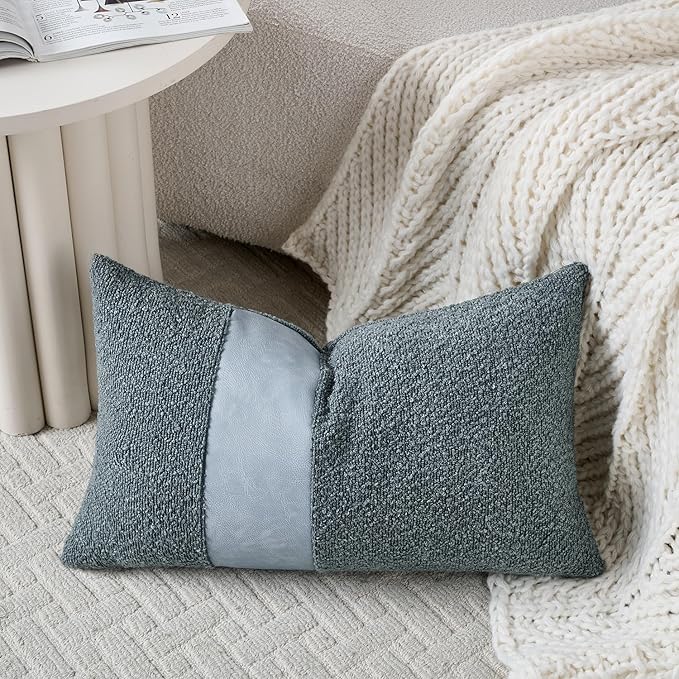 Pack of 2 Faux Leather Boucle Throw Pillow Covers 20"x12" Blue Chic Accents Textured Rectangular Lumbar Decorative Pillow Cases for Living Room Couch Bed Farmhouse Boho Home Decor