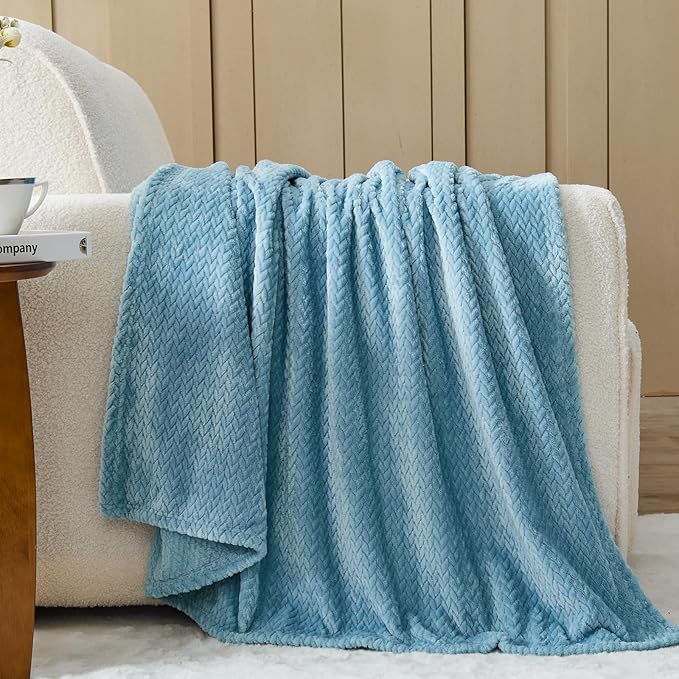 NEWCOSPLAY Super Soft King Blanket Light Blue Premium Silky Flannel Fleece Leaves Pattern Lightweight Bed Blanket All Season Use (Light Blue, King(90"x110"))