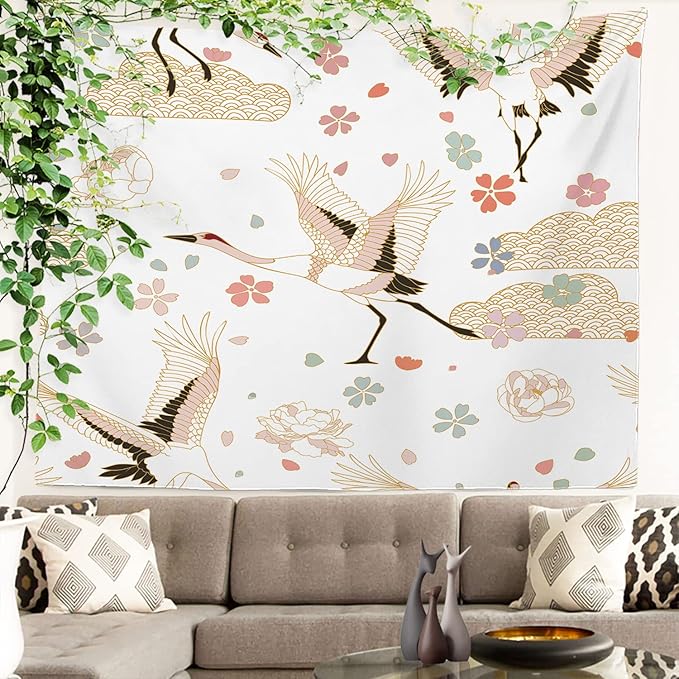 Batmerry White and Gold Japanese Tapestry, Rustic Wall Art Hanging Decoration Polyester Fiber White Ruffled Around for Dorm Room Bedroom Living Room, 59.1x82.7 inches