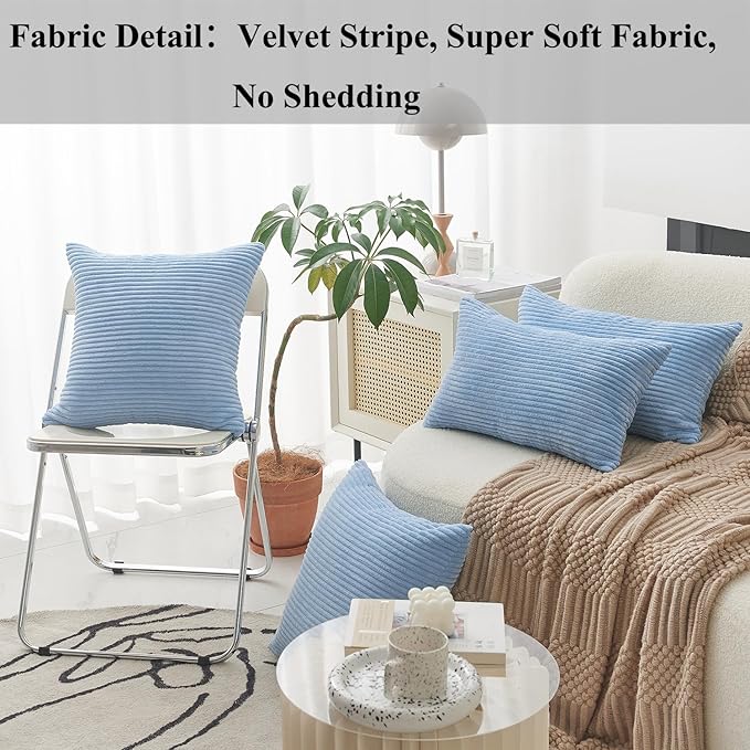Home Brilliant Blue Throw Pillows Striped Velvet Corduroy Euro Sham Large Decorative Pillow Case Cushion Cover for Sofa, 24 x 24 inch, Baby Boy Blue