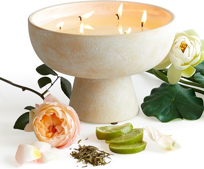 BLUEME Balance - White Lotus & Tea, Luxury Candle w/Essential Oils, 6 Wick, Hand-Poured Soy, Cotton Wick, Ceramic