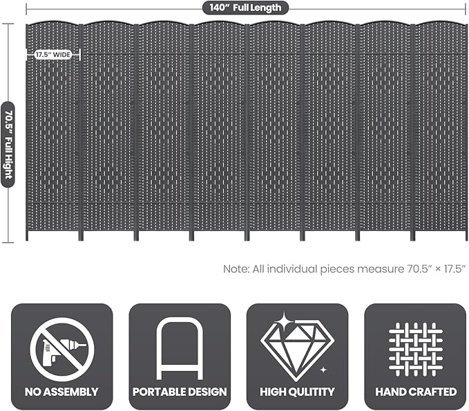8 Panel Room Divider,6Ft Folding Privacy Screen,Tall - Extra Wide Foldable Panel Partition Wall Divider with Diamond Double-Weaved Hand-Woven Design Room Screen Divider