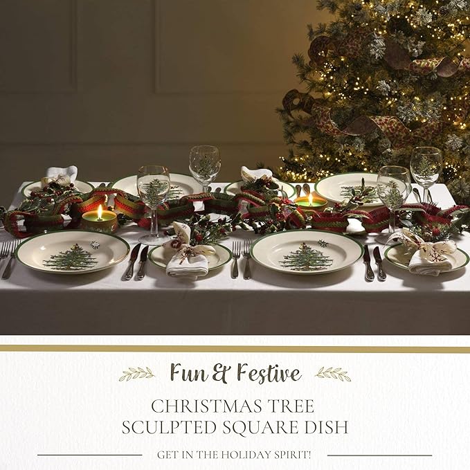 Spode Christmas Tree Sculpted Square Dish - 5.5" Festive Serving Bowl for Holiday Appetizers, Desserts & Seasonal Snacks, Winter Table Décor - Fine Porcelain - Christmas Tableware