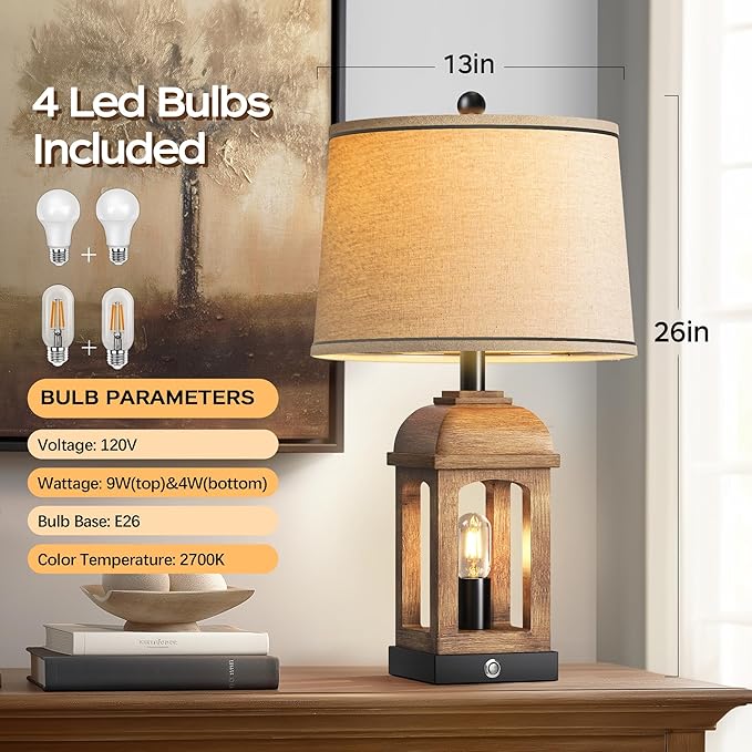 QiMH Table Lamp for Living Room, Farmhouse Lamps Set of 2 with USB A+C and Nightlight, 26" Rustic Bedside Lamps with 3-Way Dimmable Touch Control, Nightstand Lamp for Bedroom Decor, Wood Grain