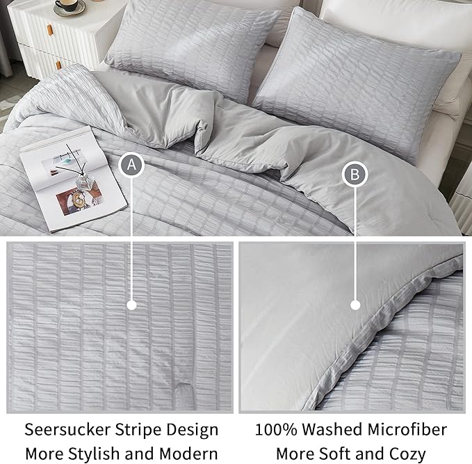 AveLom Light Gray Seersucker California King Comforter Set (104x96 inches), 3 Pieces-100% Soft Washed Microfiber Lightweight Comforter with 2 Pillowcases, All Season Down Alternative Bedding Set