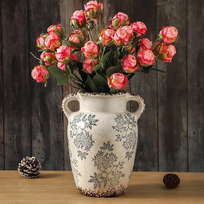 Enra Vintage vase with Handle,9.4 inch Blue and White Ceramic Decorative Flower vase, Chinoiserie Floral Vase,Large Rustic Vases for Home Decors, Living Room, Bookshelf, Office