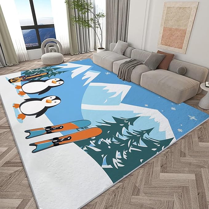 Area Rug for Living Room 6x9 ft Cartoon Penguin Snowboard Blue Washable Low Pile Rugs Indoor Non Slip Floor Rugs, Ultra Soft Faux Wool Carpet for Bedroom Dining Room Kids Room