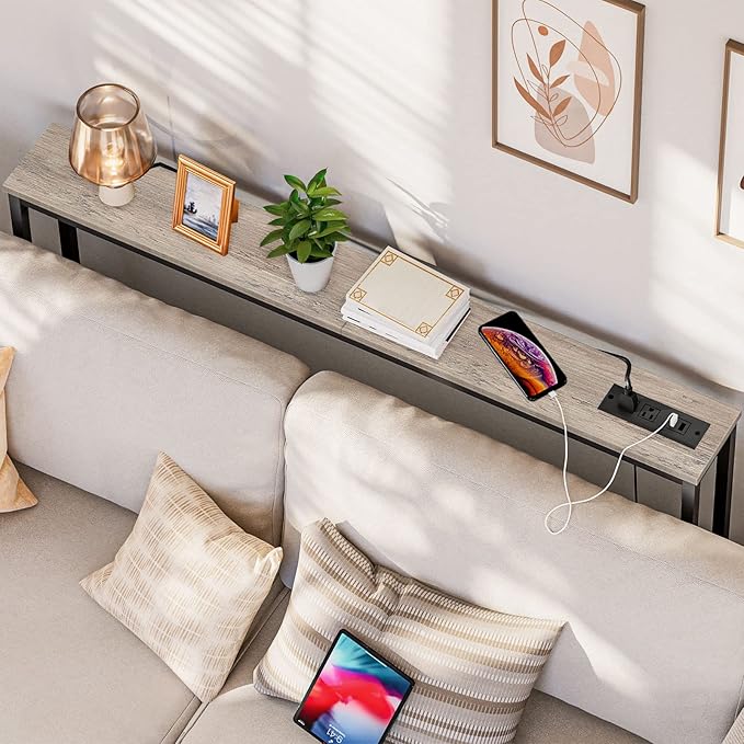 HOOBRO 47.2" Skinny Console Table with Power Outlets, 5.9" Behind Couch Table with Charging Station, Narrow Sofa Table, Long Entryway Table for Living Room, Hallway, Foyer, Greige BG15XG01G1