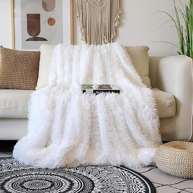 Tuddrom Decorative Extra Soft Faux Fur Blanket Twin Size 70" x 78",Solid Reversible Fuzzy Long Hair Shaggy Blanket,Fluffy Plush Fleece Comfy Microfiber Throw Blanket for Couch Sofa Bed,Pure White