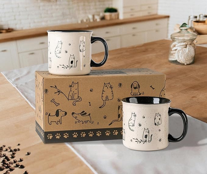AmorArc 22 OZ Large Ceramic Coffee Mugs Set of 2, Oversized Mugs With Big Handle for Men Women Dad Mom, Big Mug With Textured Dogs Cats Patterns for Office & Home -Microwave Safe, 2 Pcs-Black