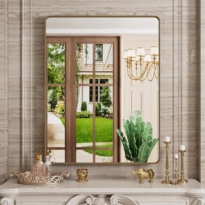 Bronze Bathroom Mirror 28x36 Inch, Brushed Bronze Metal Frame Mirror for Wall, Rounded Rectangle Bathroom Vanity Mirror with Tempered Glass, Anti-Rust, Horizontal/Vertical