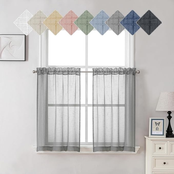 Aiyufeng Kirei Grey Sheer Kitchen Curtains 36 inch Length for Small Window, Faux Linen Textured Light Filtering Privacy Short Cafe Curtains for Living Room/Bedroom, 30Wx36L inch, Set of 2, Gray