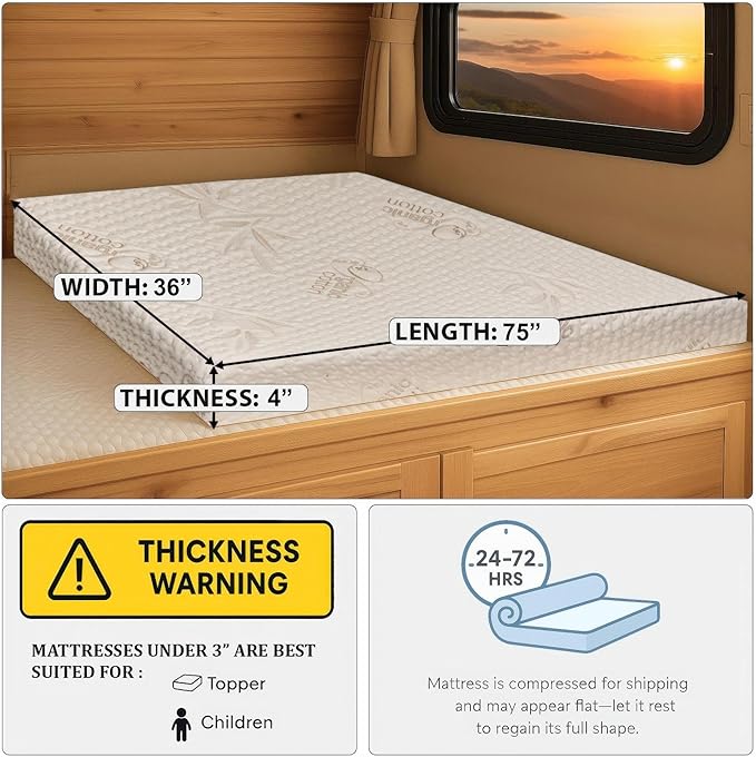 Foamma 4” x 36” x 75” Truck, Camper, RV High-Density Bunk Mattress, Organic Cotton Cover, Made in USA, Comfortable, Travel Trailer, CertiPUR-US Certified