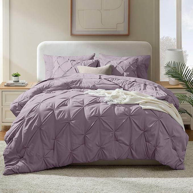 Nestl California King Comforter Set 7 Piece - Pintuck Cal King Comforter Set Dusty Purple, California King Bed in a Bag, All Season Bed Set with Flat Sheet and Fitted Sheet, Pillowcases and Shams