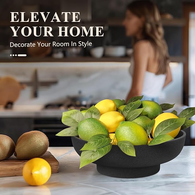 Large Decorative Resin Bowl, Modern Handicraft Bowls for Home Decor, Decorative Fruit Bowl for Kitchen Counter, Stylish Key Bowl for Entry Table, Artificial Stone Black