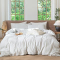 MooMee Striped Duvet Cover Set 100% Washed Cotton Linen Like Textured Breathable Durable Soft Comfy (White Heathered Green Wide Stripes, Full 80"x90")