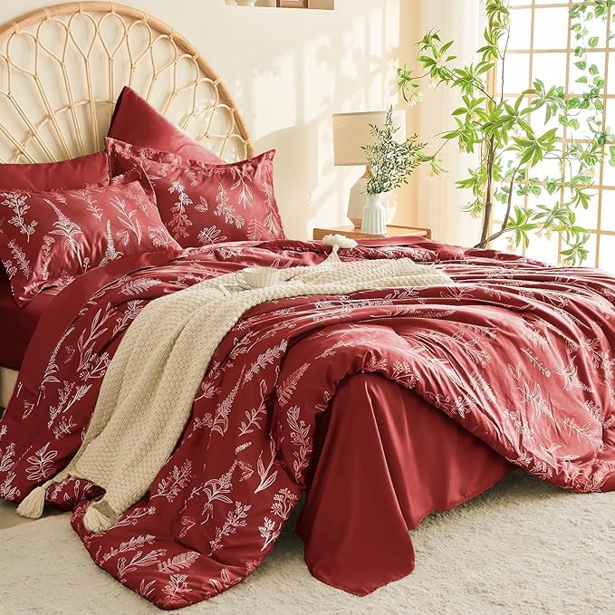 MUXHOMO Terracotta Bed in a Bag Queen 7 Pieces, Queen Comforter Set Reversible Botanical Flowers Design, Ultra Soft & Breathable Bedding Sets with Comforter, Sheets, Pillowcases & Shams