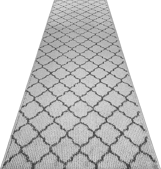 Custom Size Modern Runner Rug Carpet for Hallway Entryway Foyer Kitchen, Slip Resistant Latex Rubber Backed 31 inch Wide X Customized Length, Trellis Grey, 31 inch X 18 feet