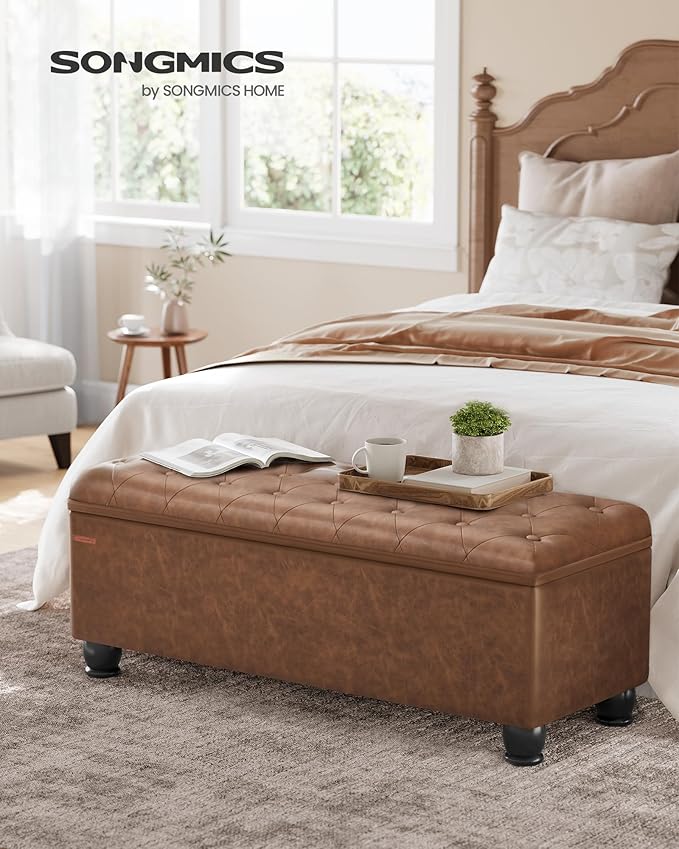 SONGMICS Storage Ottoman, Storage Bench, Tufted Entryway Bedroom Bench, 17.7 x 46.5 x 17.7 Inches, Hinges Easy Lid Operation, Wooden Legs, Synthetic Leather, Loads 330 lb, Coffee Brown ULOM071K01