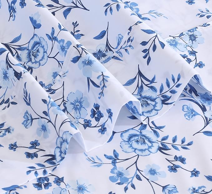 RUVANTI 100% Cotton King Size Sheets Set, 4 Pieces, Soft & Breathable Percale Weave Bedding, Deep Pocket 16", Hotel Standard, Crisp Cool Feel, Durable, Perfect Floral Bed Sheet, Annual